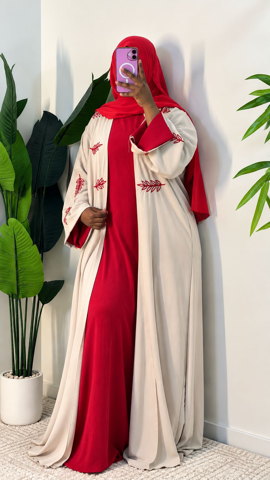 Elegant Leaf Embroidered 2-Piece Abaya Set – Navy & Red