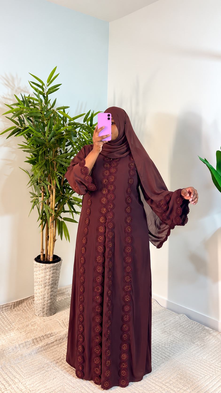 Chocolate Brown Floral Lace Abaya