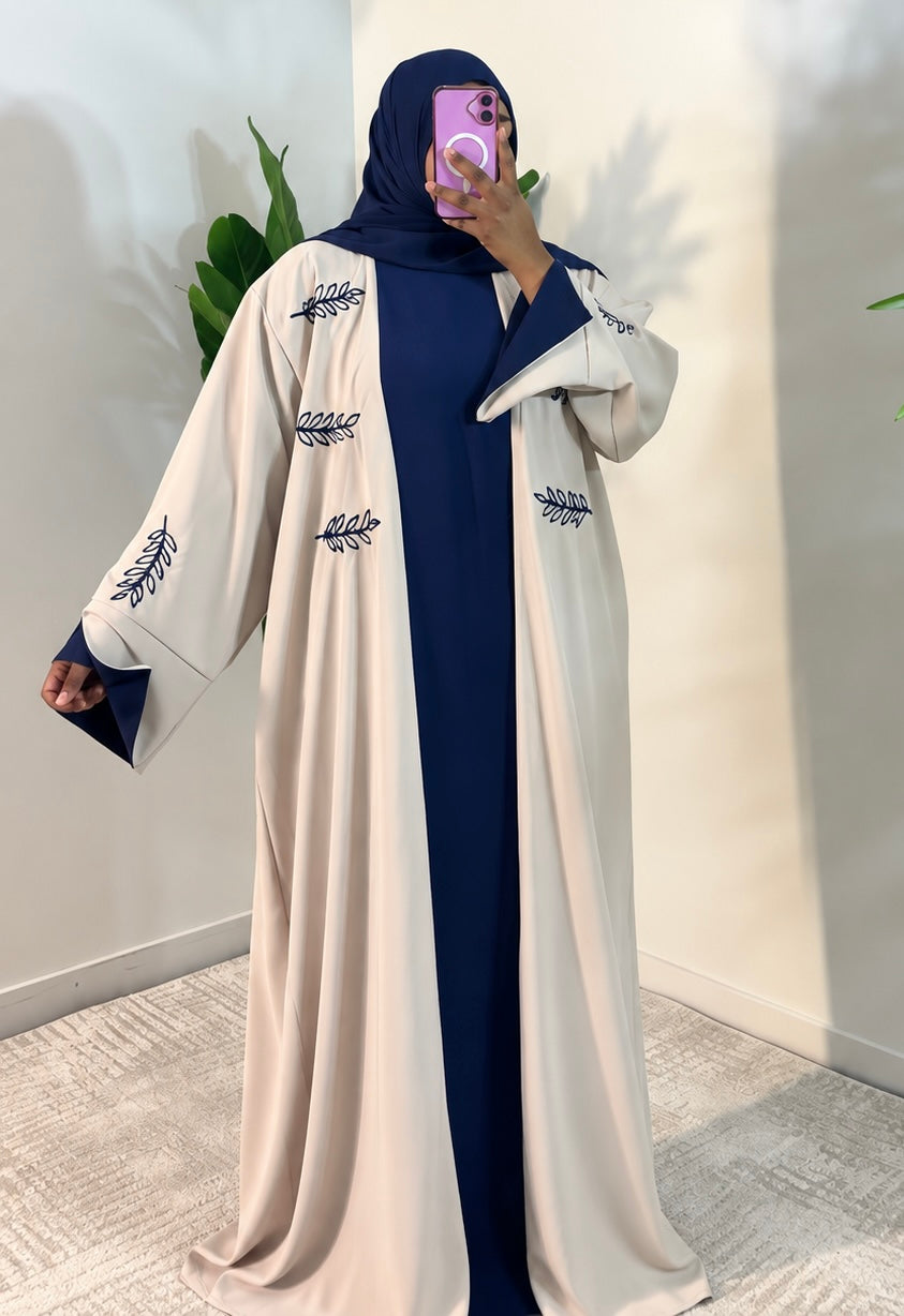 Elegant Leaf Embroidered 2-Piece Abaya Set – Navy & Red