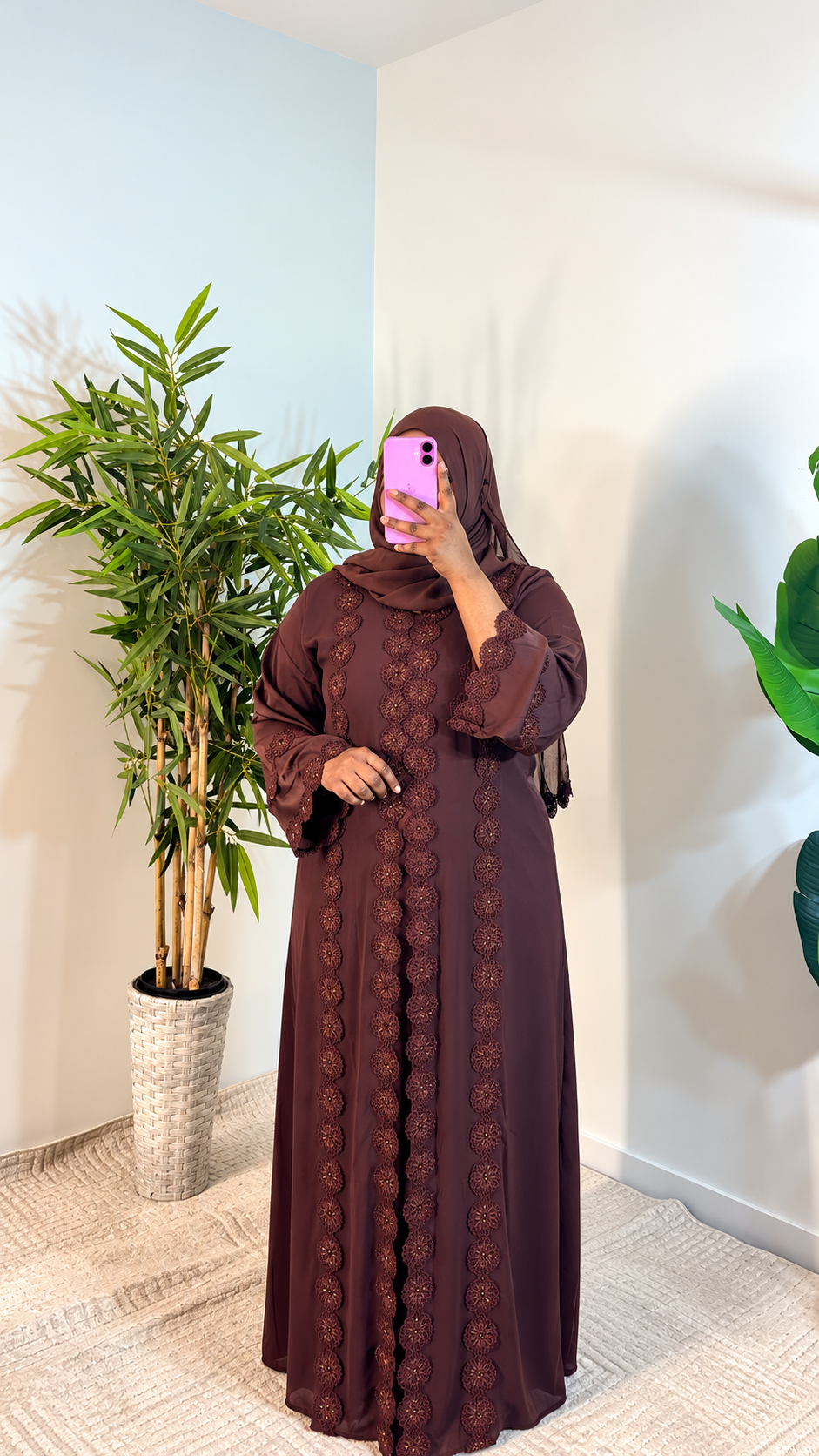 Chocolate Brown Floral Lace Abaya