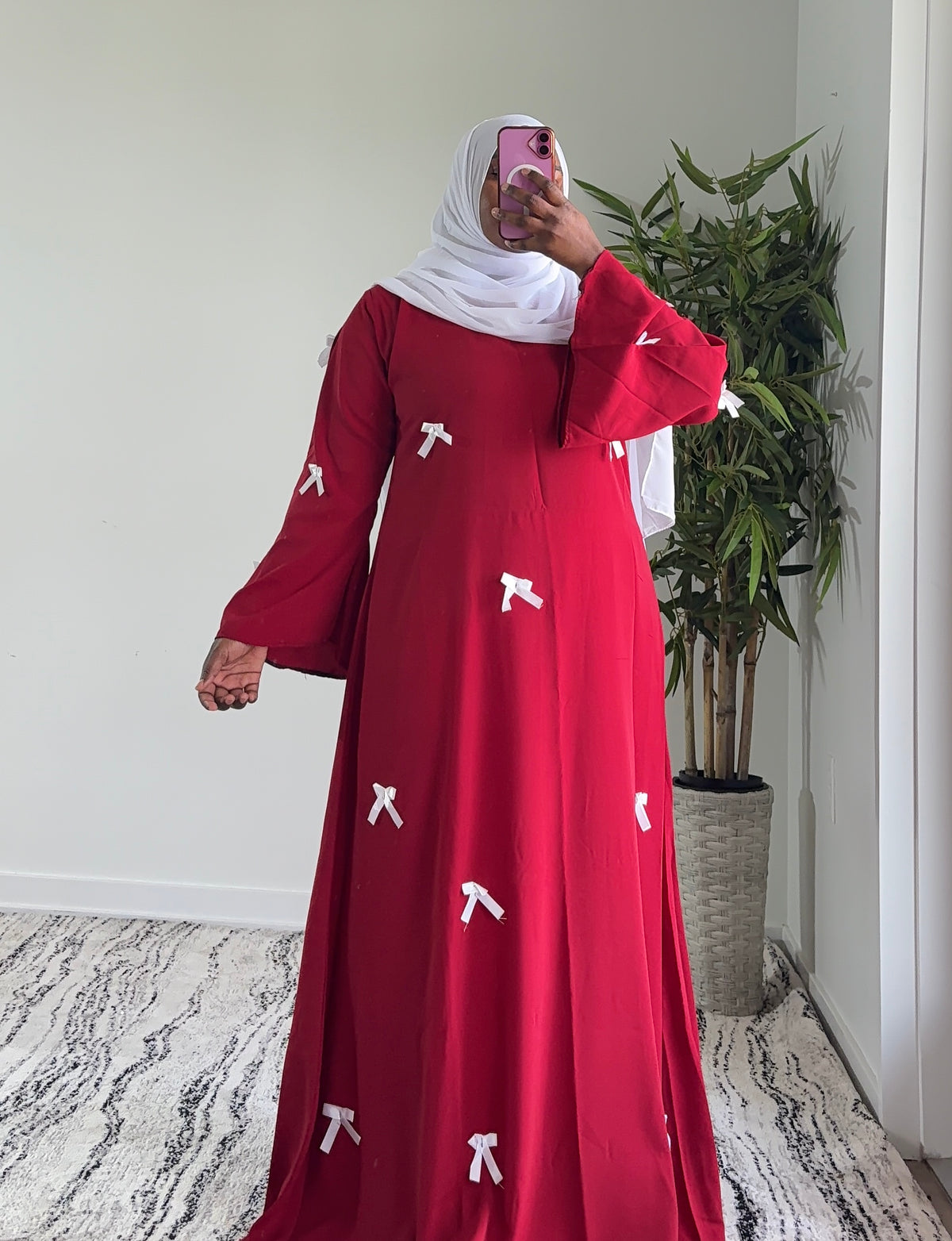 Elegant Red Bow Abaya – Modest Maxi Dress