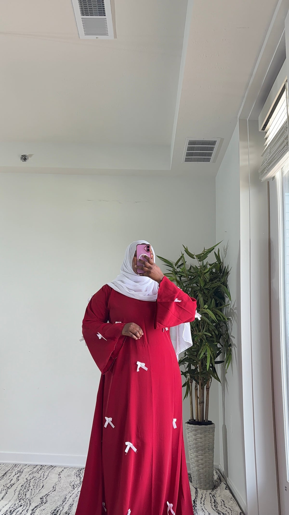 Elegant Red Bow Abaya – Modest Maxi Dress