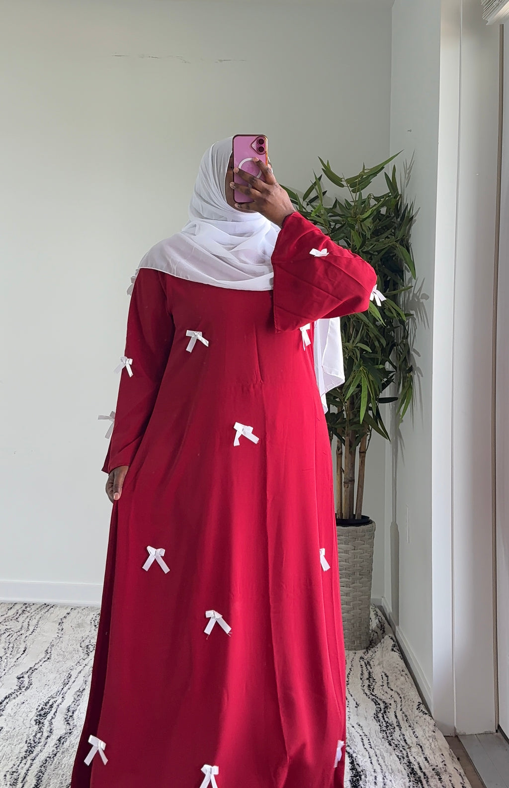 Elegant Red Bow Abaya – Modest Maxi Dress