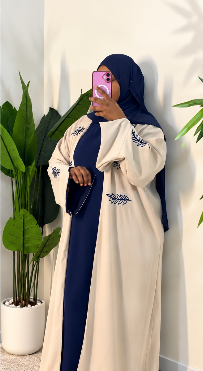 Elegant Leaf Embroidered 2-Piece Abaya Set – Navy & Red