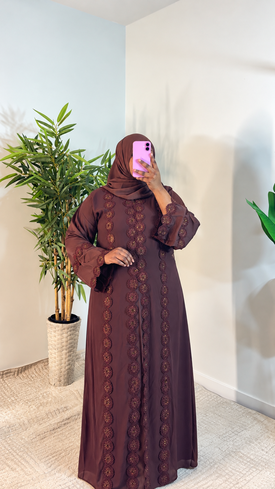 Chocolate Brown Floral Lace Abaya