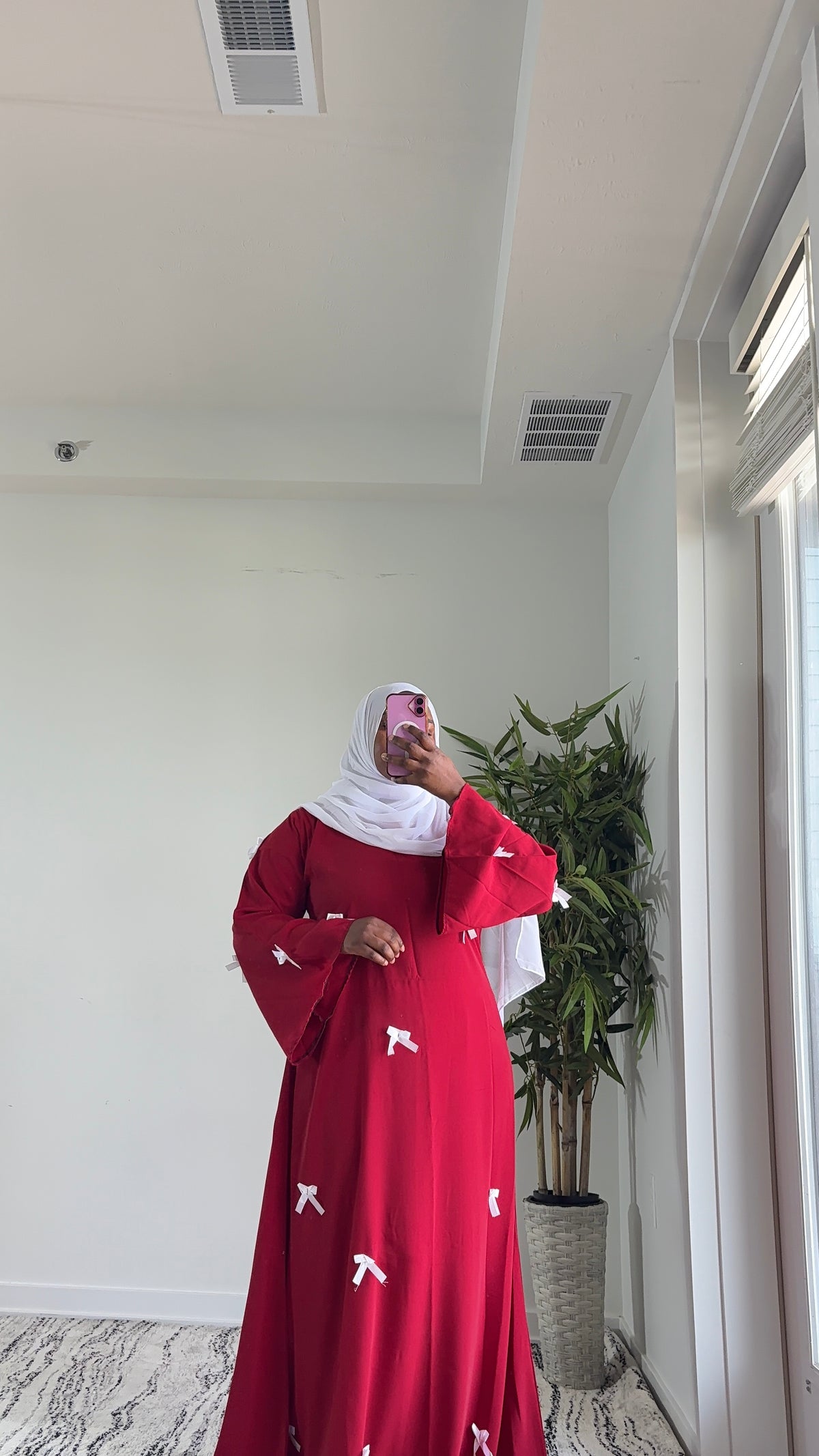 Elegant Red Bow Abaya – Modest Maxi Dress