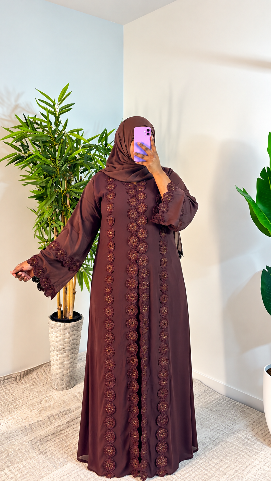 Chocolate Brown Floral Lace Abaya
