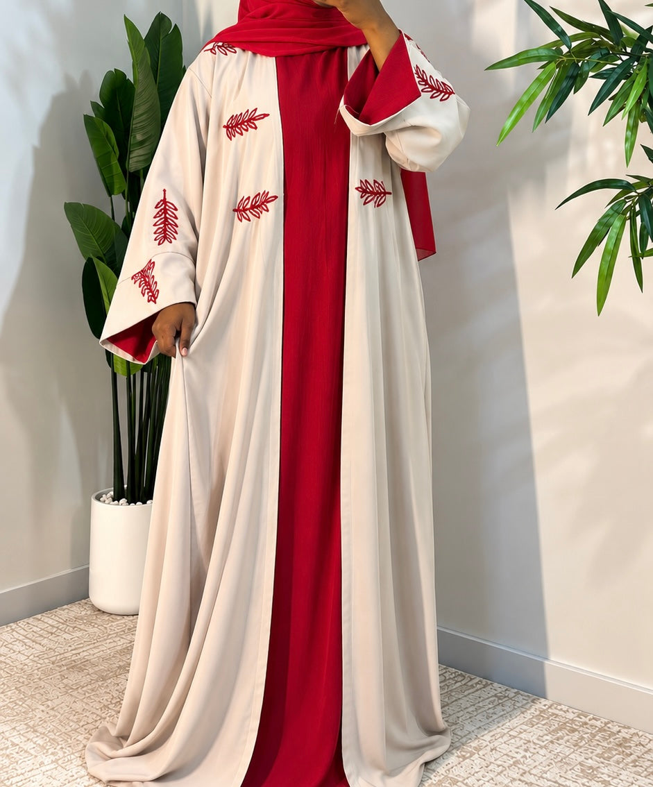 Elegant Leaf Embroidered 2-Piece Abaya Set – Navy & Red
